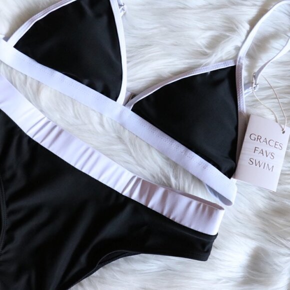 NEW Black White High Waisted Bikini Bathing Suit Swim Set Size Large - Picture 3 of 8